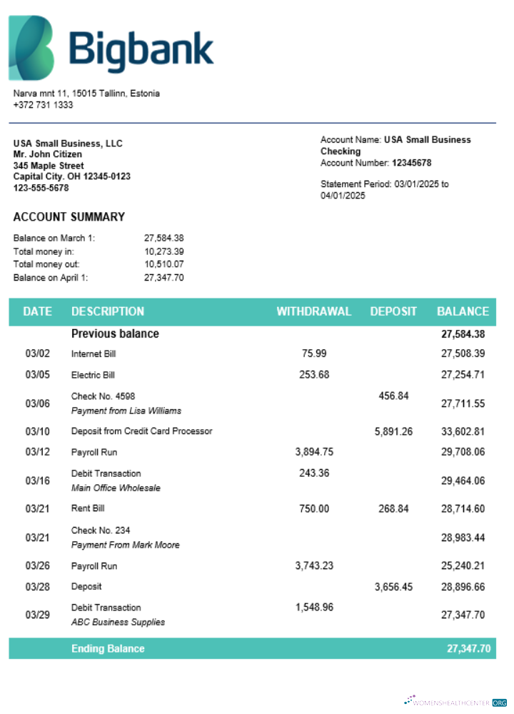 Download Bigbank firm account statement Word and PDF template Photoshop template